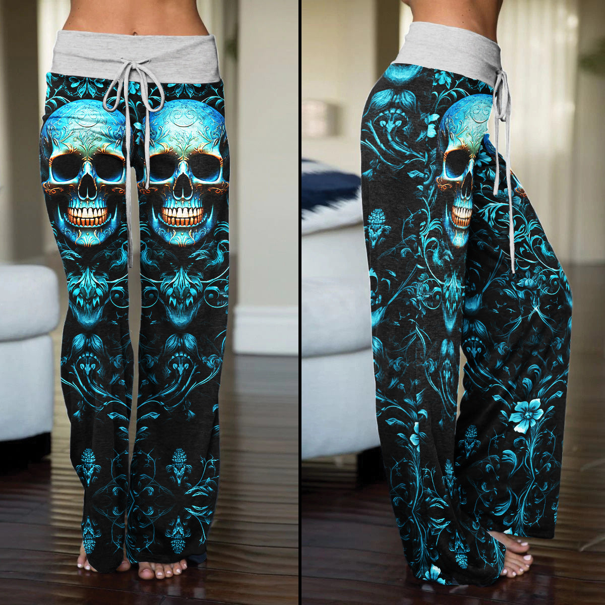Cyan Skull Floral Gothic Women's High-waisted Wide Leg Pants | Wonder Skull