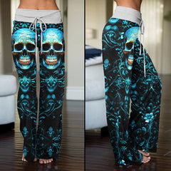Cyan Skull Floral Gothic Women's High-waisted Wide Leg Pants | Wonder Skull