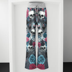 Cyan Skull Rose Pattern Women's High-waisted Wide Leg Pants