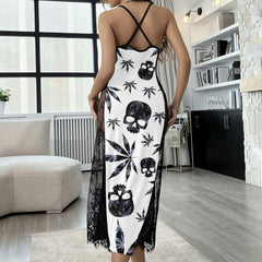 Black Skull Leaf Pattern Women's Lace Cami Sleepwear