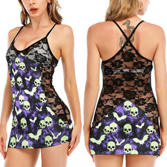 Purple Green Skull Bat Women's Black Lace Babydolls Nightgowns | Women Sleepwear Babydoll, Nightgowns