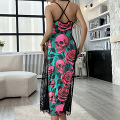 Pink Skull Rose Pattern Women's Lace Cami Sleepwear
