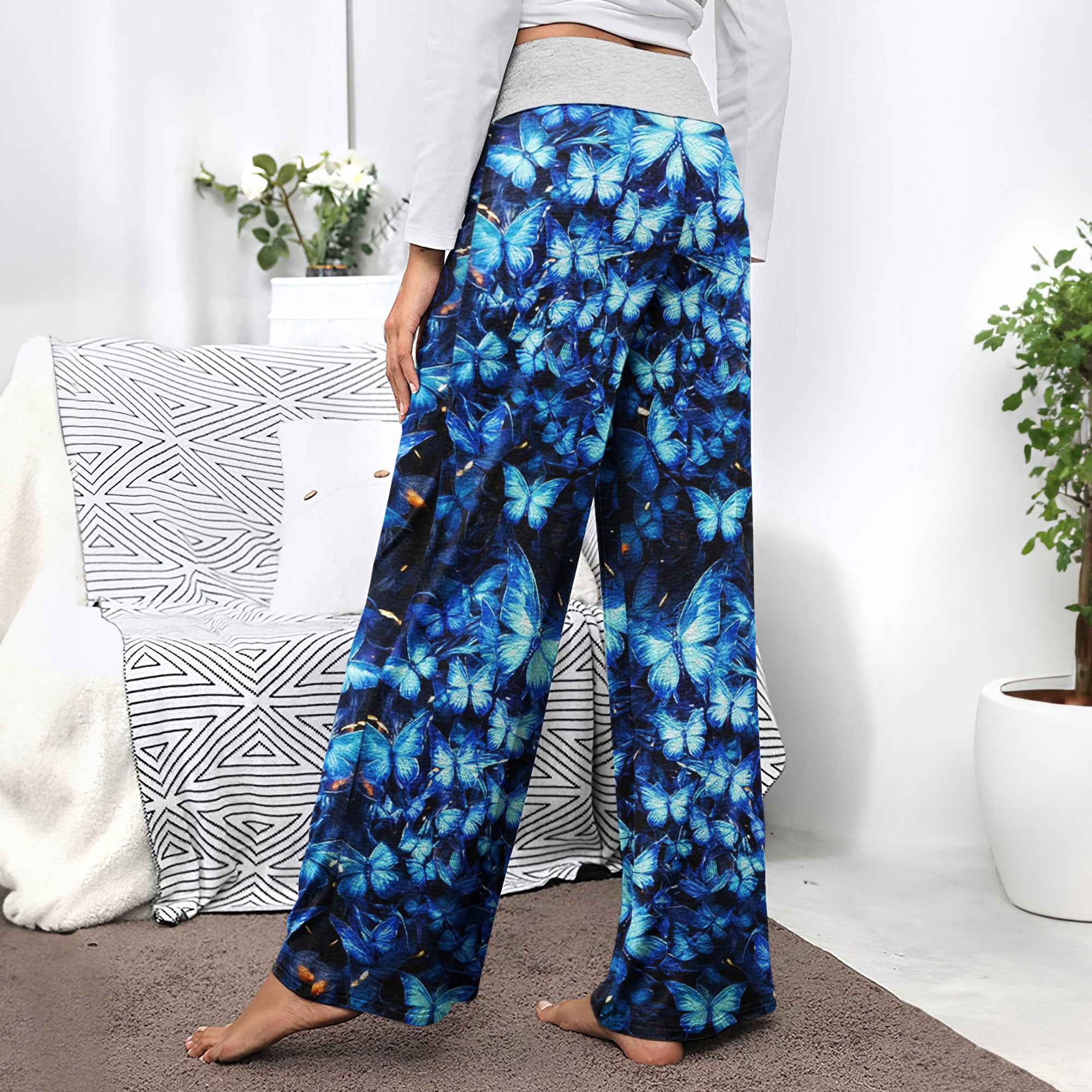 Blue Skull Butterfly Women's High-waisted Wide Leg Pants | Wonder Skull