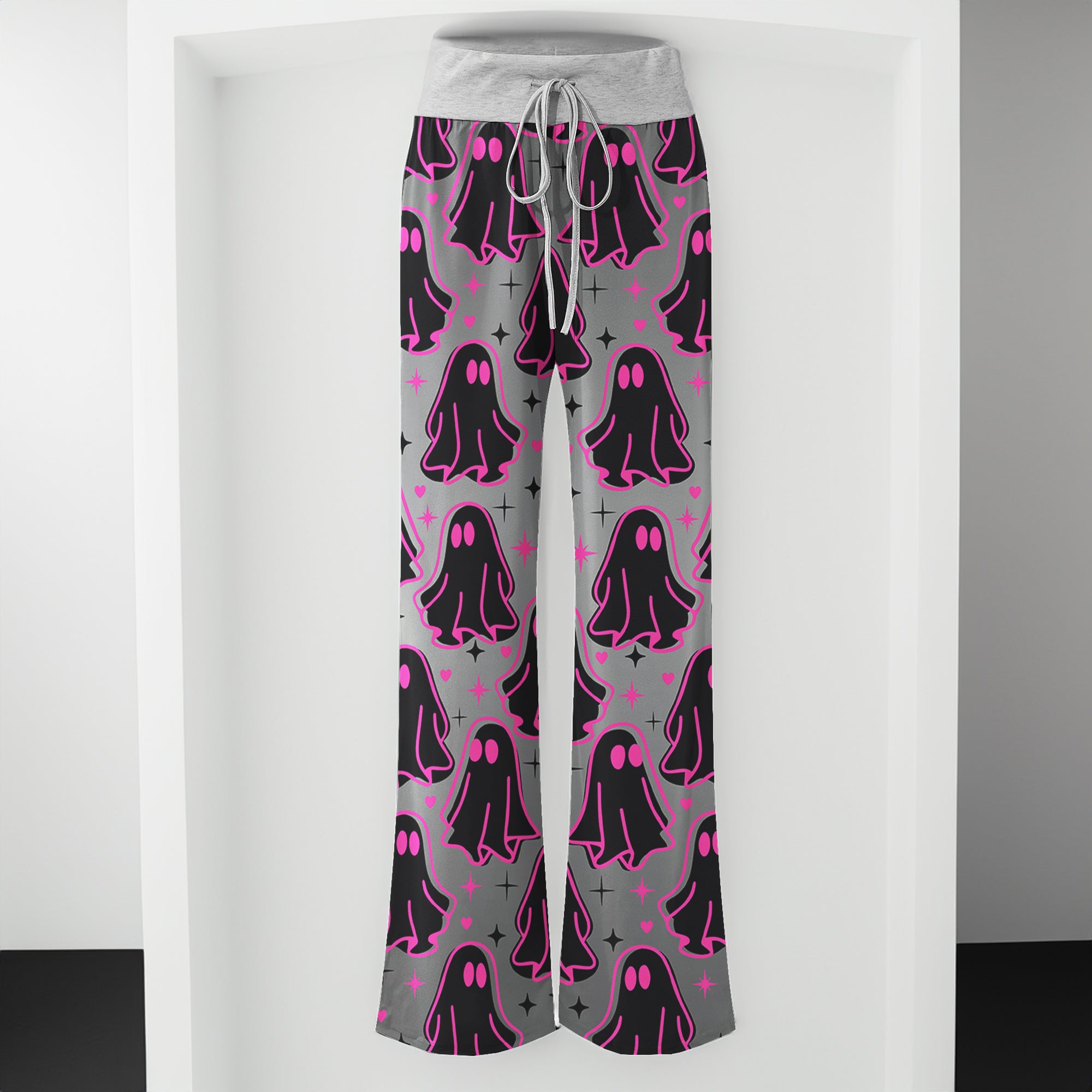 Pink Boo Pattern Women's High-waisted Wide Leg Pants | Wonder Skull