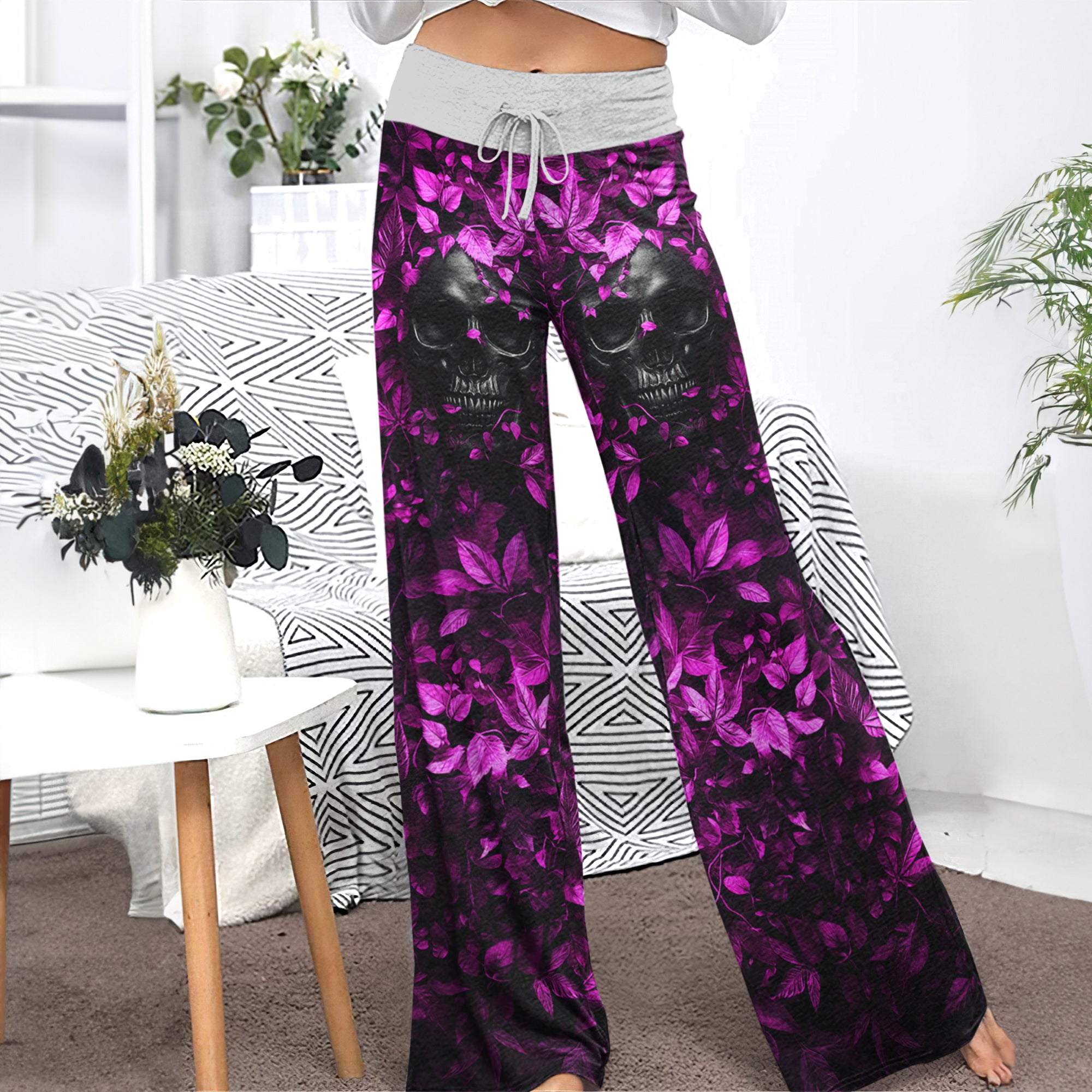 Pink Leaf Skull Art Women's High-waisted Wide Leg Pants | Wonder Skull