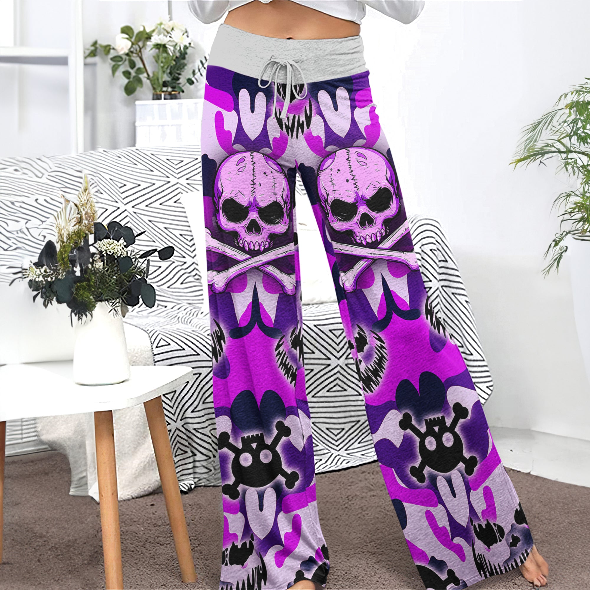 Purple Camo Skull Art Women's High-waisted Wide Leg Pants | Wonder Skull