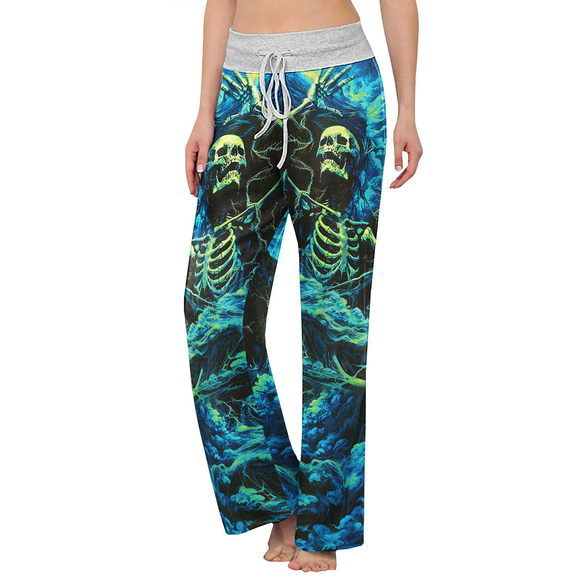 Skull Art Smoke Cyan Women's High-waisted Wide Leg Pants | Wonder Skull