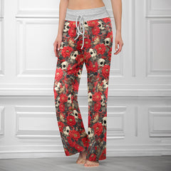 Red Skull Garden Pattern Women's High-waisted Wide Leg Pants