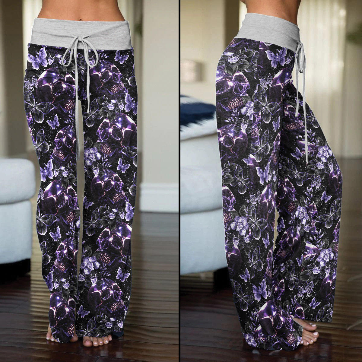 Dark Violet Skull Floral Women's High-waisted Wide Leg Pants | Wonder Skull
