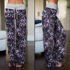Dark Violet Skull Floral Women's High-waisted Wide Leg Pants | Wonder Skull