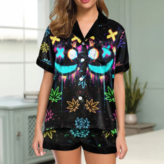 Neon Skull Leaf Art Women's Pajama Sets Top Sleeve & Short Bottom