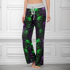 Violet Green Skull Pattern Women's High-waisted Wide Leg Pants