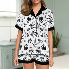 Black Skull Leaf Pattern Women's Pajama Sets Top Sleeve & Short Bottom