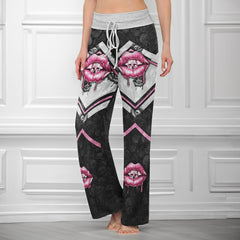 Pink Skull Lip Pattern Women's High-waisted Wide Leg Pants