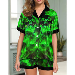 Green Faming Skull Women's Pajama Sets Top Sleeve & Short Bottom