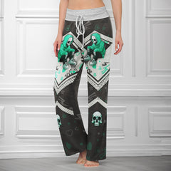 Green Skull Lip Pattern Women's High-waisted Wide Leg Pants