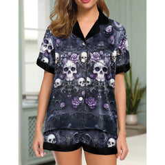 Purple Skull Gothic Women's Pajama Sets Top Sleeve & Short Bottom