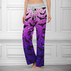 Galaxy Skull Bat Pattern Women's High-waisted Wide Leg Pants