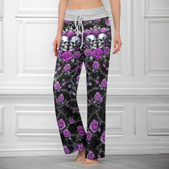 Purple Couple Skull Rose Women's High-waisted Wide Leg Pants