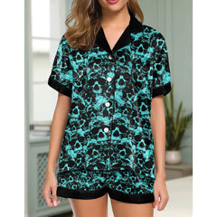 Cyan Skull Pattern Women's Pajama Sets Top Sleeve & Short Bottom