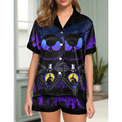 Purple Night Moon Women's Pajama Sets Top Sleeve & Short Bottom