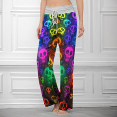 Neon Sugar Skulls Pattern Women's High-waisted Wide Leg Pants