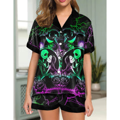 Purple Green Couple Women's Pajama Sets Top Sleeve & Short Bottom