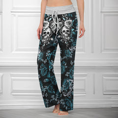 Cyan Skull Rose Floral Women's High-waisted Wide Leg Pants