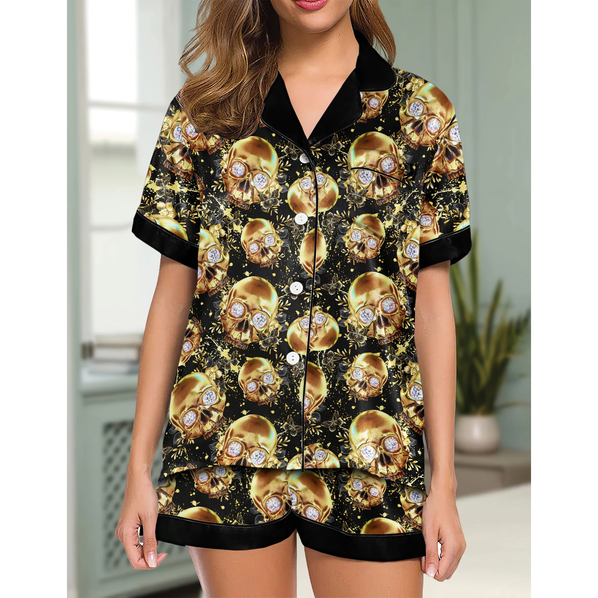 Chic and stylish women's pajama set with unique design prints and statement sleeves, Soft and luxurious fabrics make this pajama set perfect for bedtime or lounging at home.
