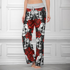 Red Rose Skull Pattern Women's High-waisted Wide Leg Pants