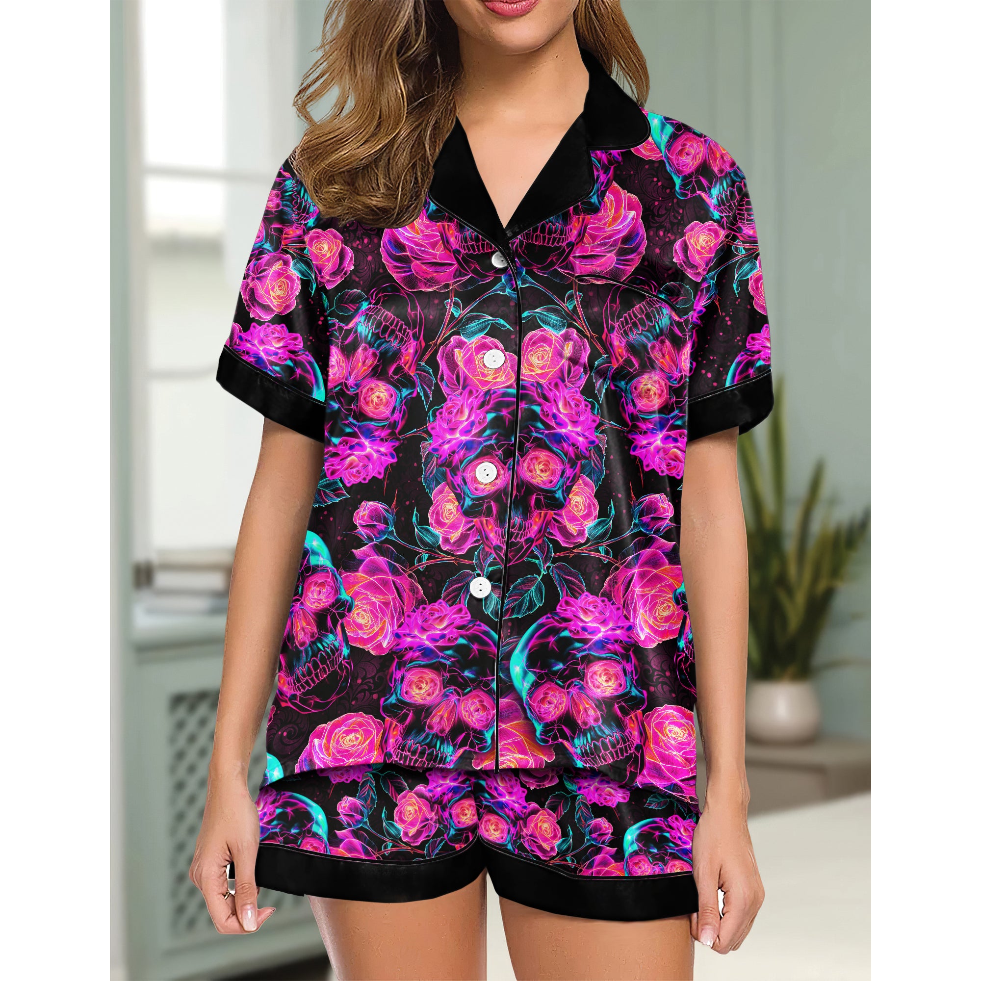Chic and stylish women's pajama set with unique design prints and statement sleeves, Soft and luxurious fabrics make this pajama set perfect for bedtime or lounging at home.