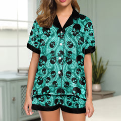 Cyan Paisley Skull Women's Pajama Sets Top Sleeve & Short Bottom