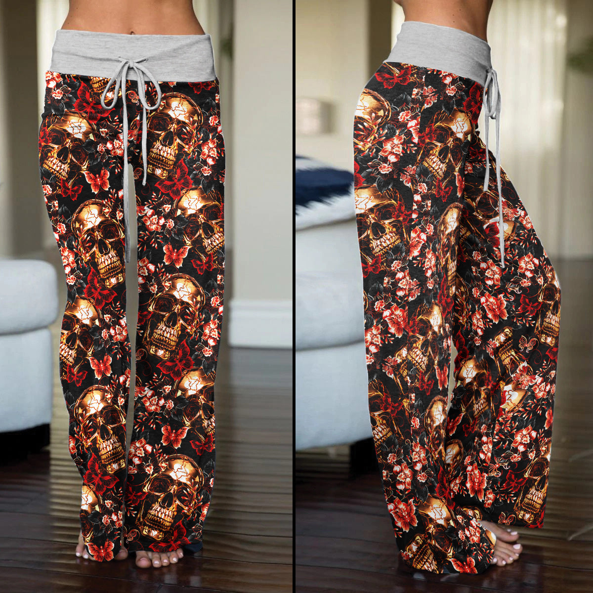 Skull Gold Abstract Art Women's High-waisted Wide Leg Pants | Wonder Skull