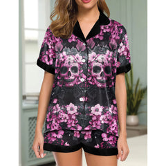 Pink Skull Flower Women's Pajama Sets Top Sleeve & Short Bottom