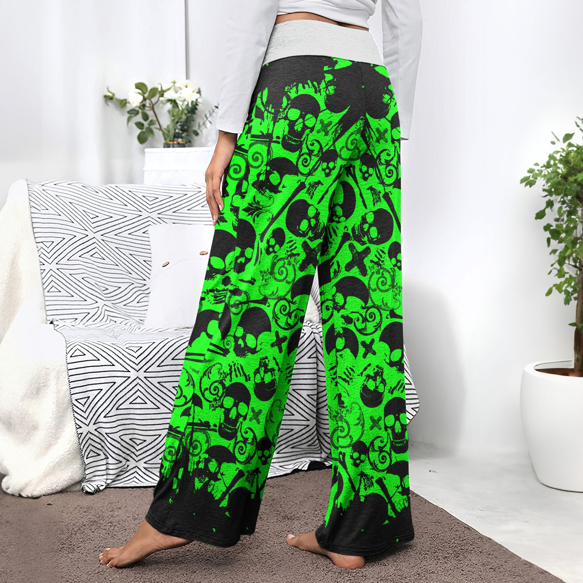 Black Green Skull Pattern Women's High-waisted Wide Leg Pants | Wonder Skull