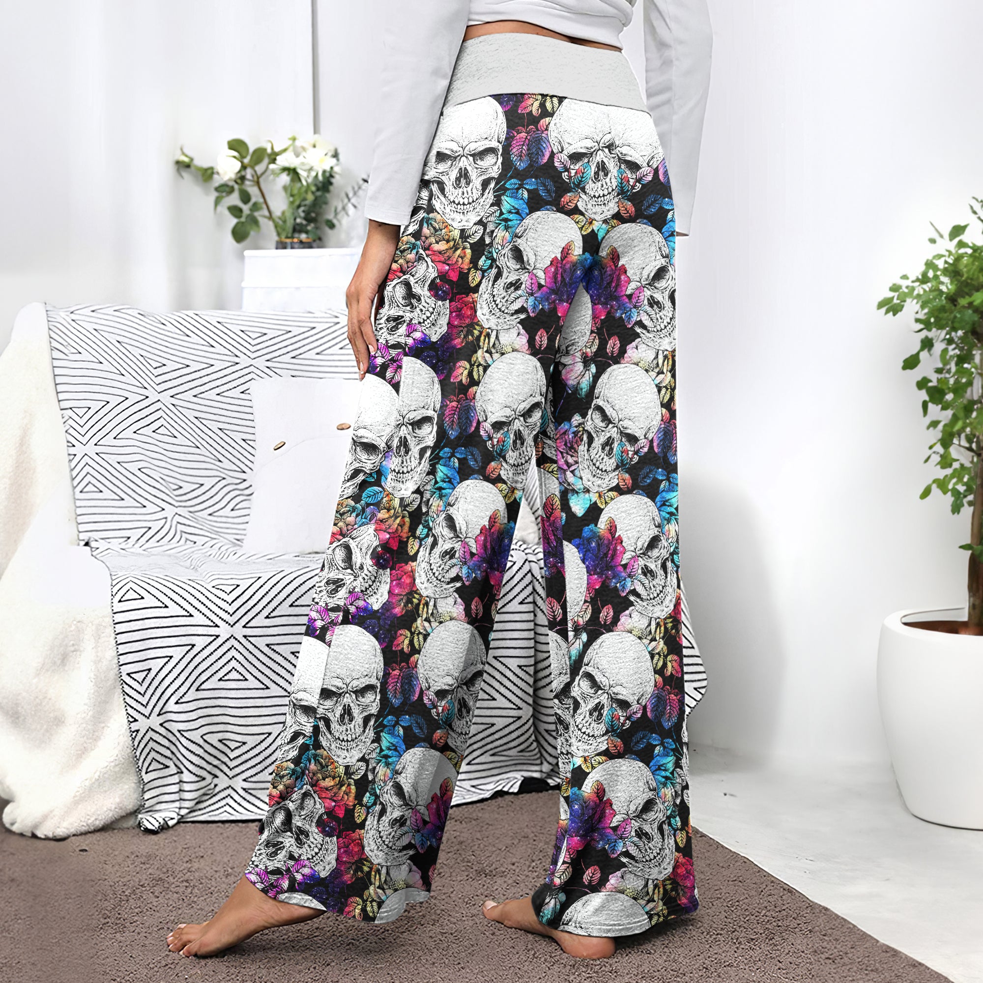 Skull Flower Galaxy Women's High-waisted Wide Leg Pants | Wonder Skull