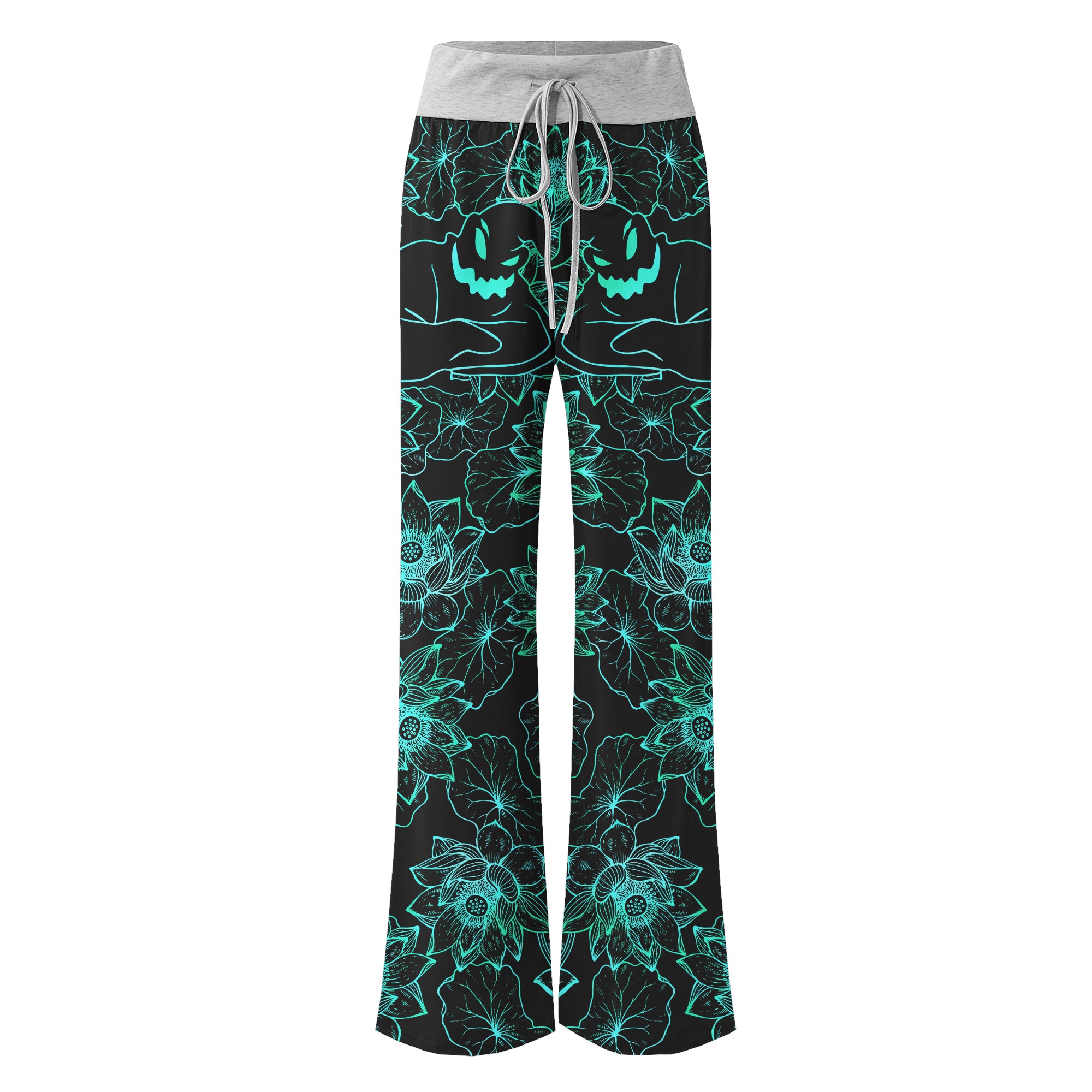 Cyan Floral Nightmare Theme Women's High-waisted Wide Leg Pants | Wonder Skull