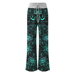 Cyan Floral Nightmare Theme Women's High-waisted Wide Leg Pants | Wonder Skull