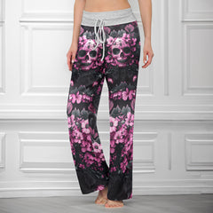 Pink Skull Flower Women's High-waisted Wide Leg Pants