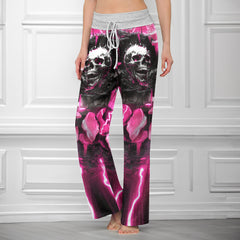 Pink Neon Skull Abstract Women's High-waisted Wide Leg Pants