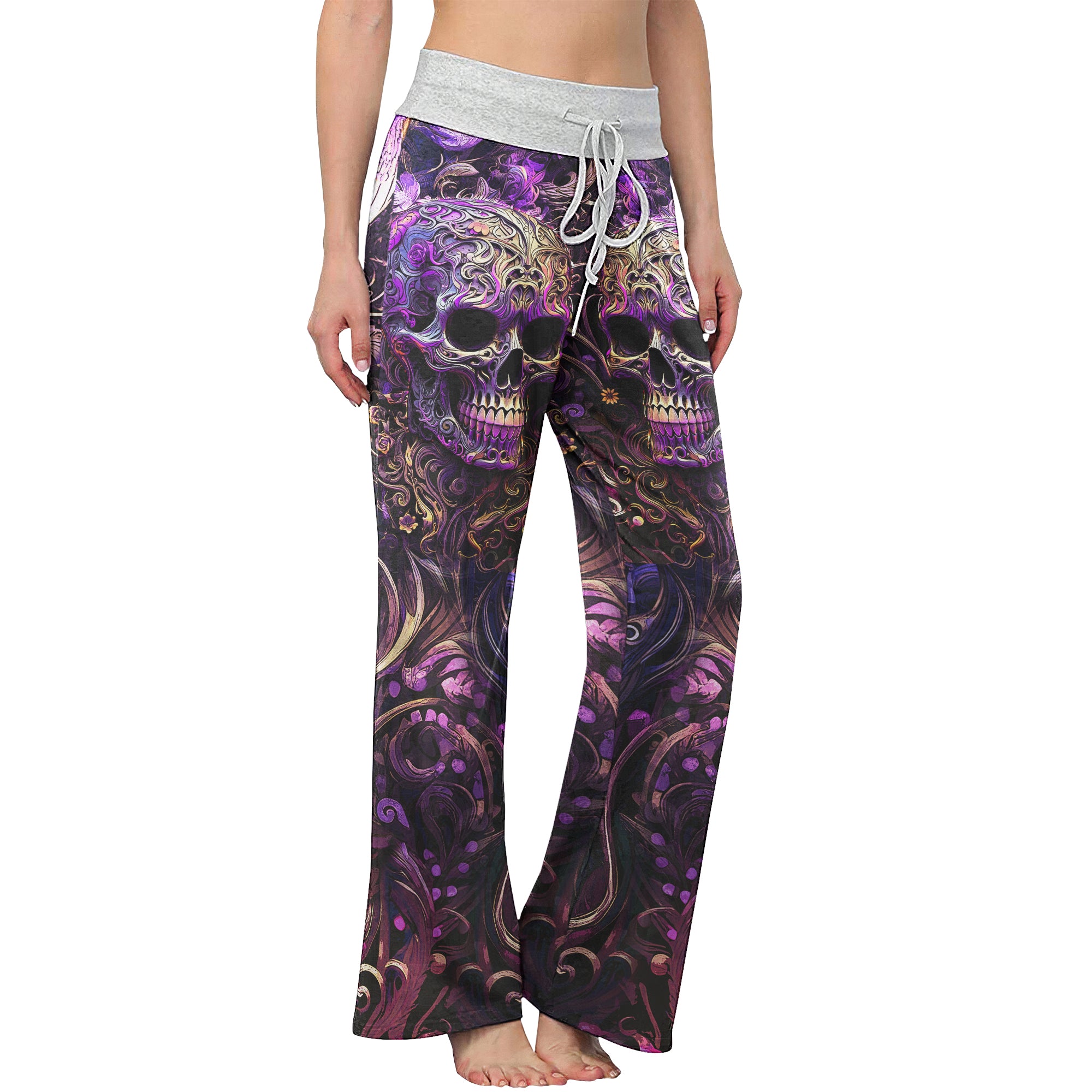 Violet Skull Floral Ornament Women's High-waisted Wide Leg Pants | Wonder Skull