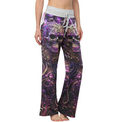 Violet Skull Floral Ornament Women's High-waisted Wide Leg Pants | Wonder Skull