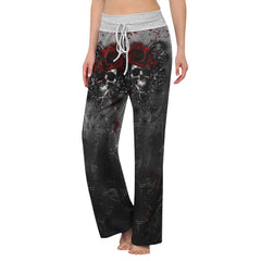 Black Skull Rose Gothic Women's High-waisted Wide Leg Pants | Wonder Skull
