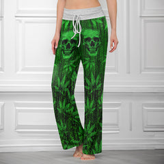 Green Skull Leaf Art Women's High-waisted Wide Leg Pants