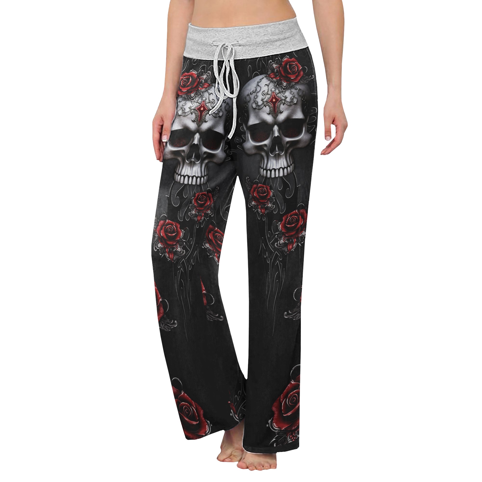 Skull Rose Dark Gothic Women's High-waisted Wide Leg Pants | Wonder Skull