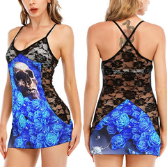 Blue Skull Rose Watercolor Women's Black Lace Babydolls Nightgowns | Women Sleepwear Babydoll, Nightgowns