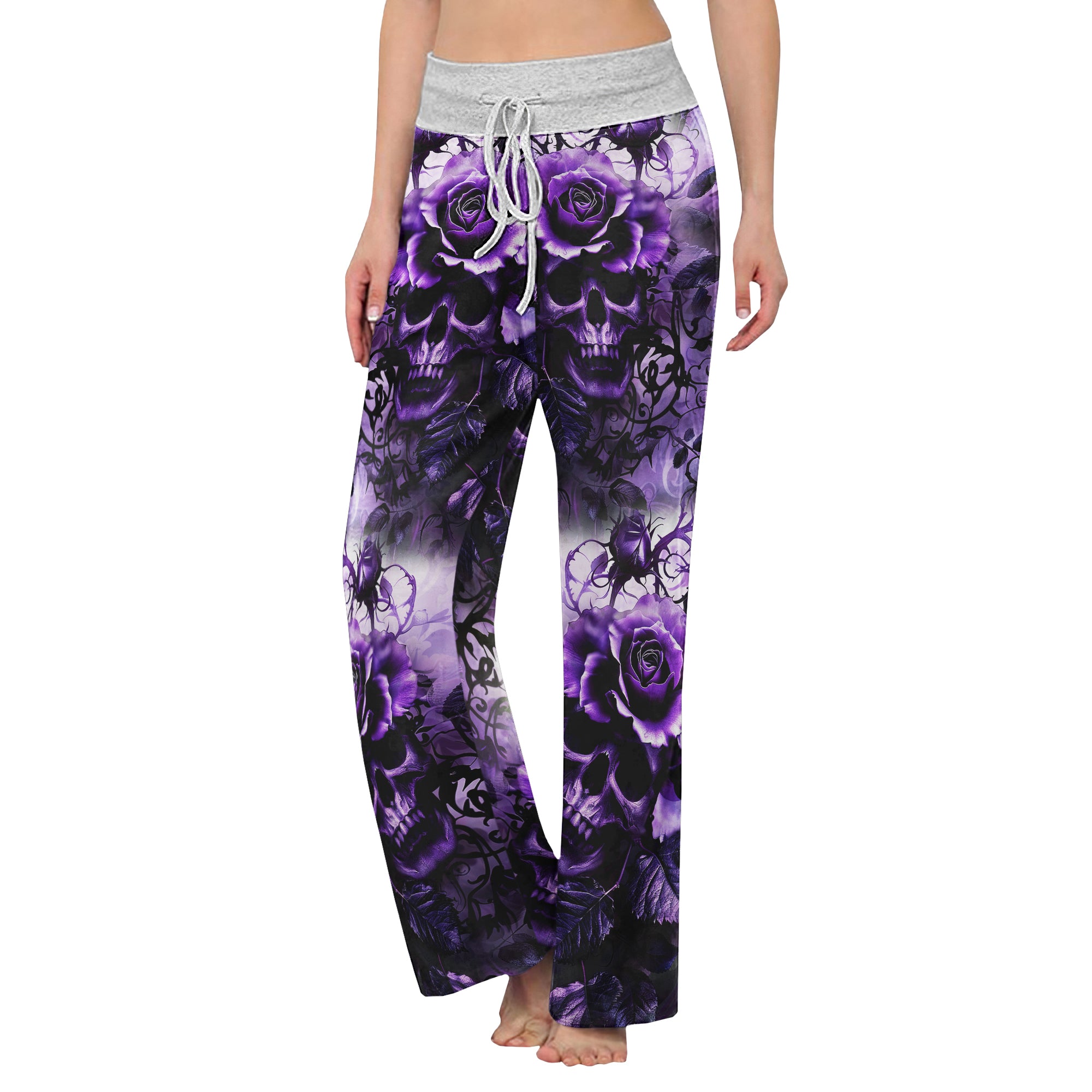 Purple Skull Rose Floral Women's High-waisted Wide Leg Pants | Wonder Skull