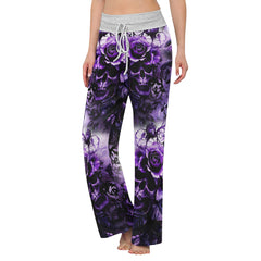 Purple Skull Rose Floral Women's High-waisted Wide Leg Pants | Wonder Skull