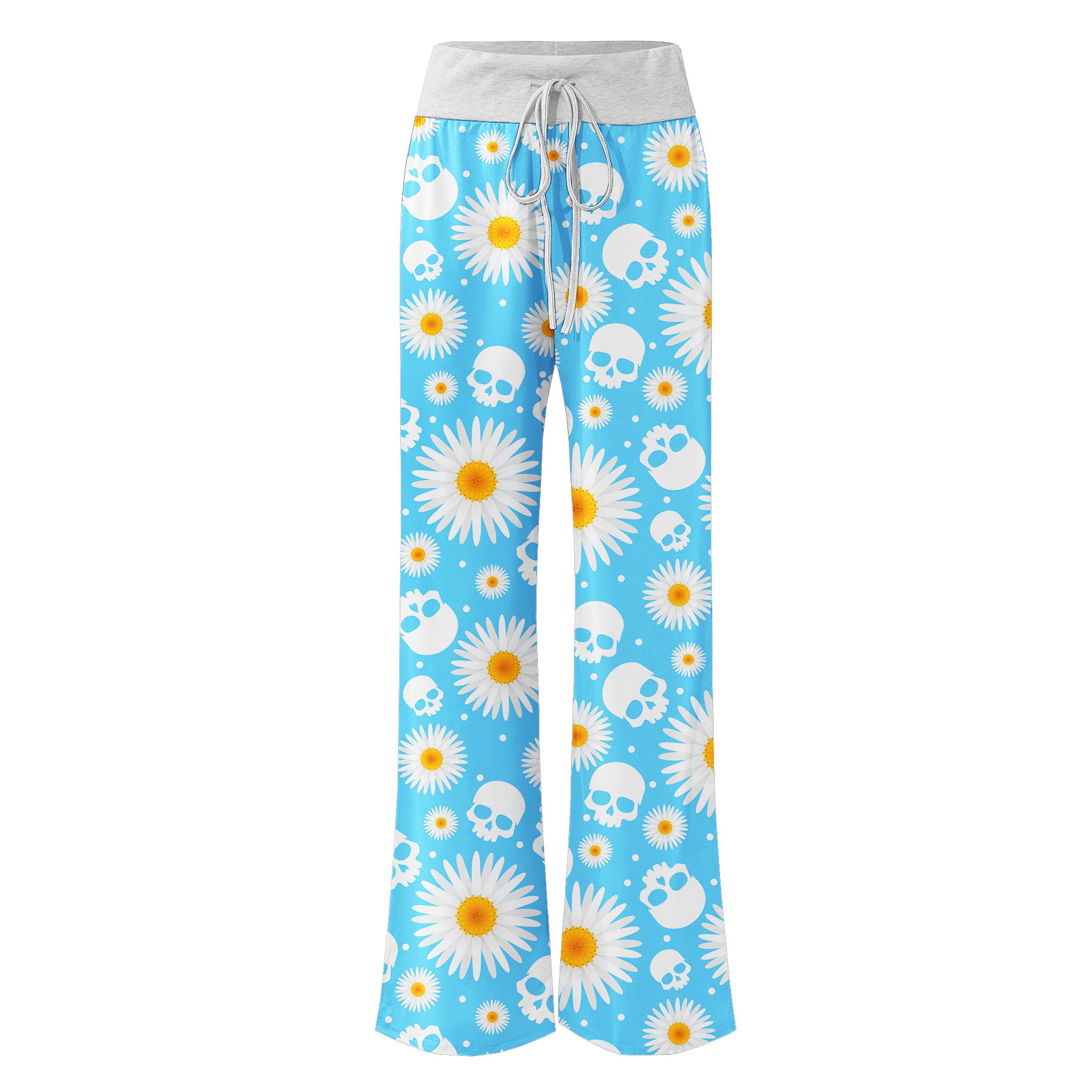 Blue Daisy Skull Women's High-waisted Wide Leg Pants | Wonder Skull