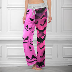 Pink Bat Skull Pattern Women's High-waisted Wide Leg Pants